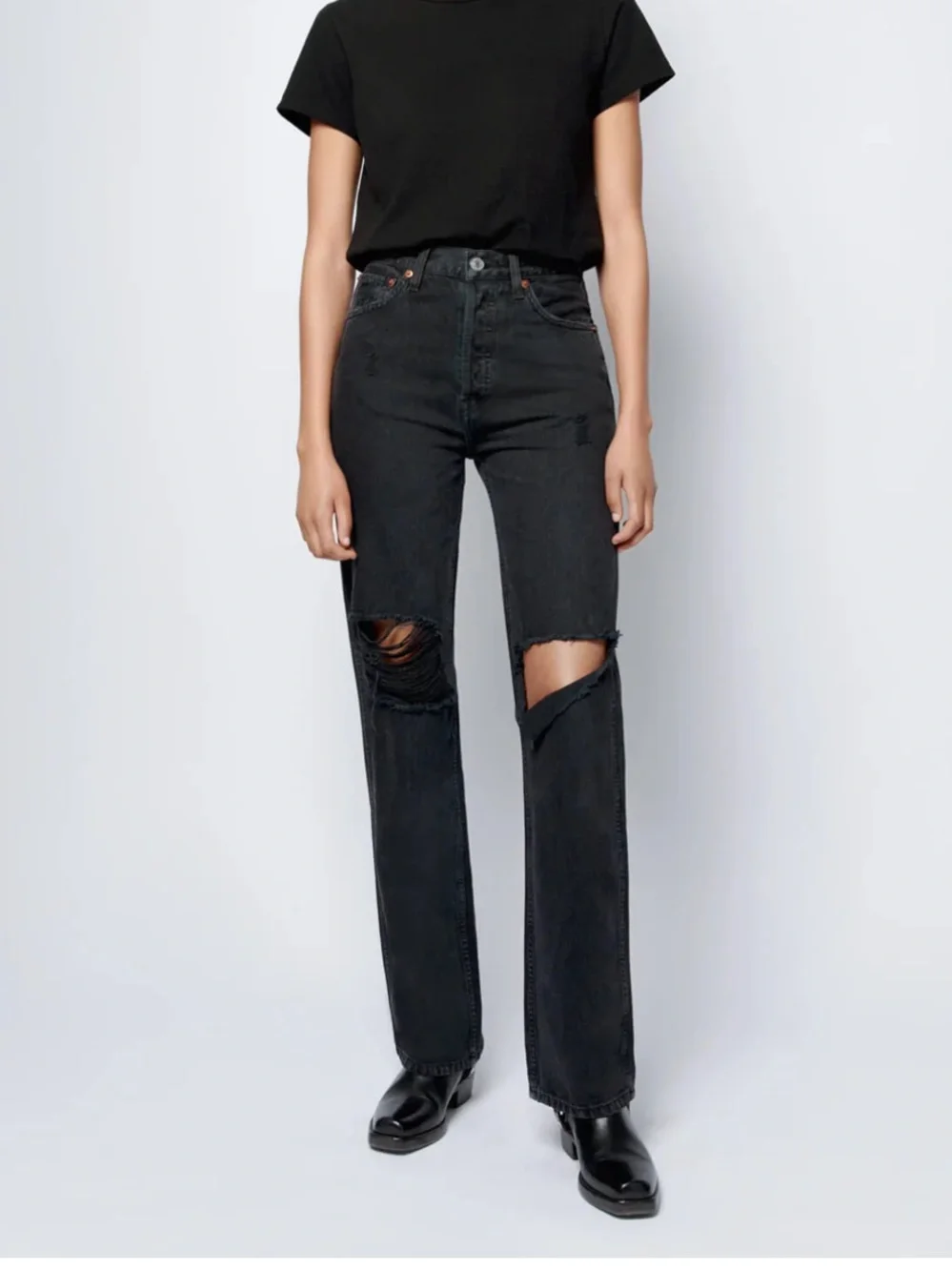 Re/Done High Rise Loose Jeans Washed Black with Rips - Picture 1 of 8
